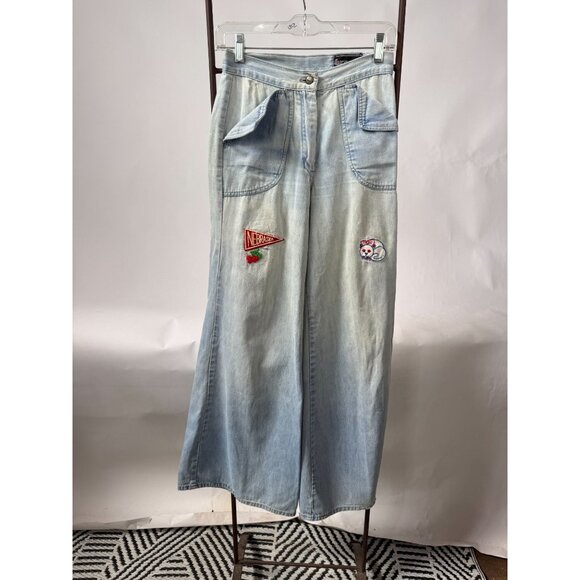 Vintage Oxmoor Light Wash Denim Pants Womens Size 9 Embroidered Hand Patch Wide - Picture 1 of 16